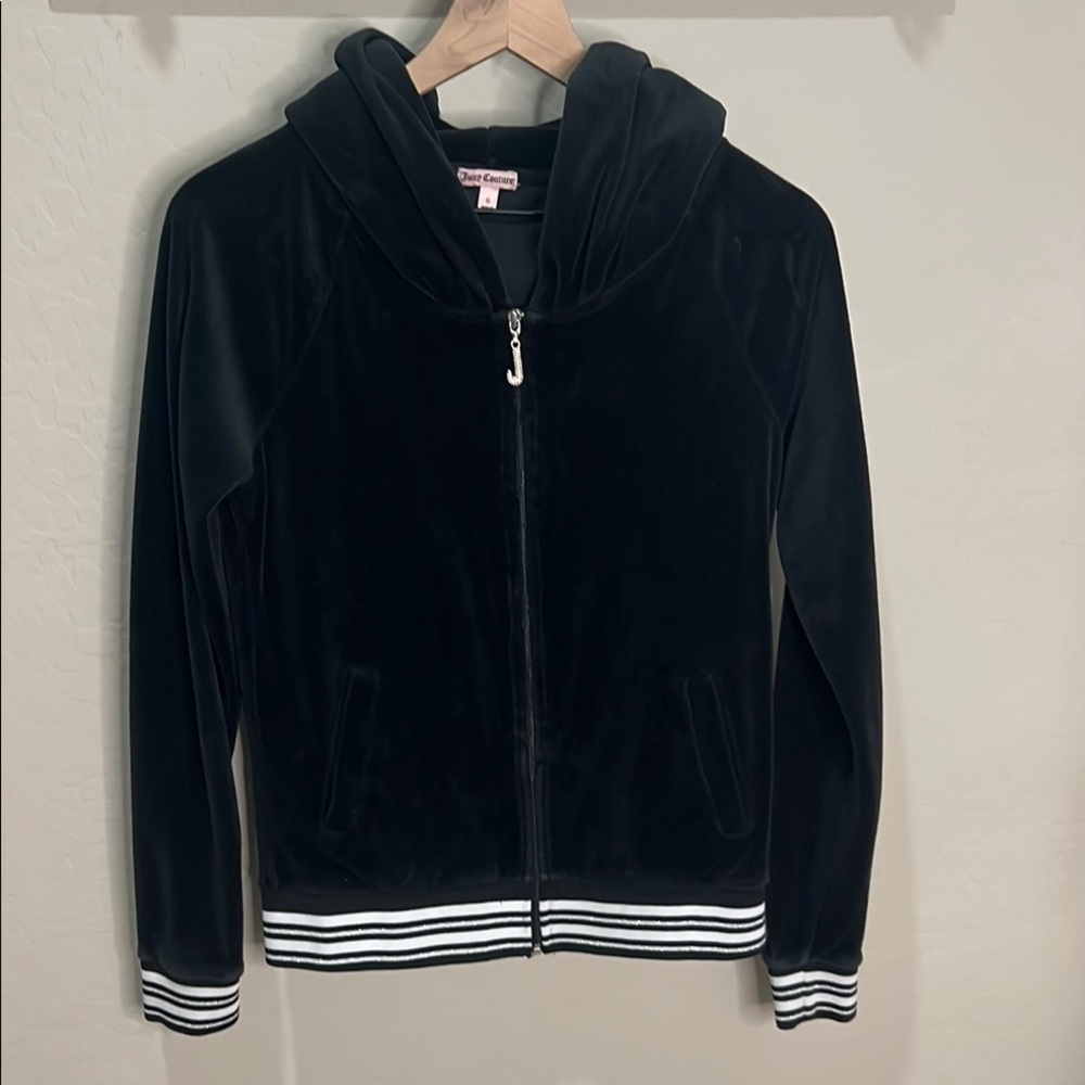Juicy Couture Jacket Black Velour Zip-Up Vintage Y2K Track Bling Stripe Hoodie
